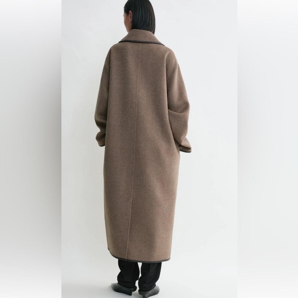 H&M Elegant Dark Beige Double Breasted Calf Length Wool Blend Coat Size XL, NWT - Picture 2 of 6